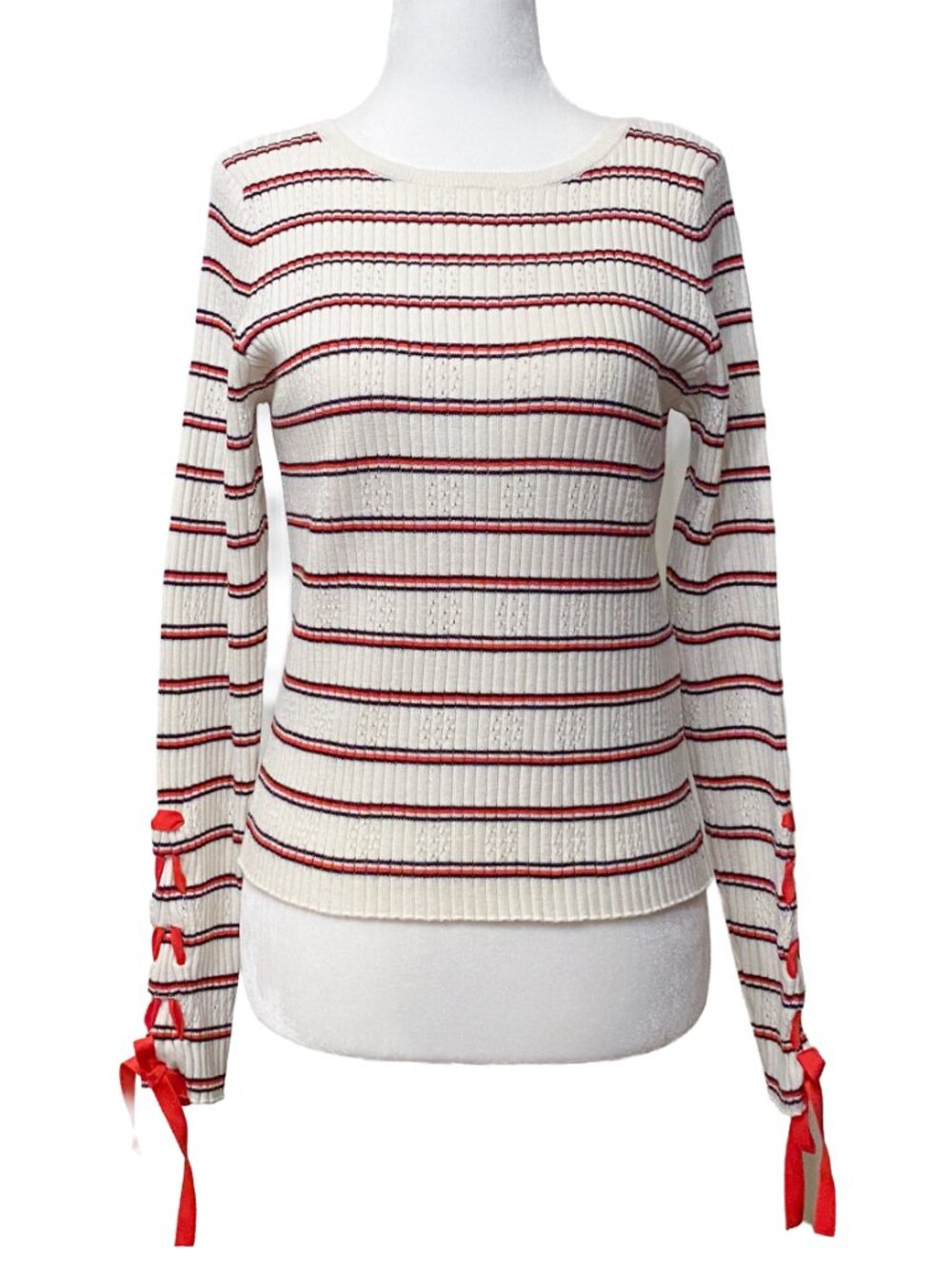 SANDRO PARIS Ottana Ribbed Striped Eyelet Knit Sweater with Red Sleeve Bows S